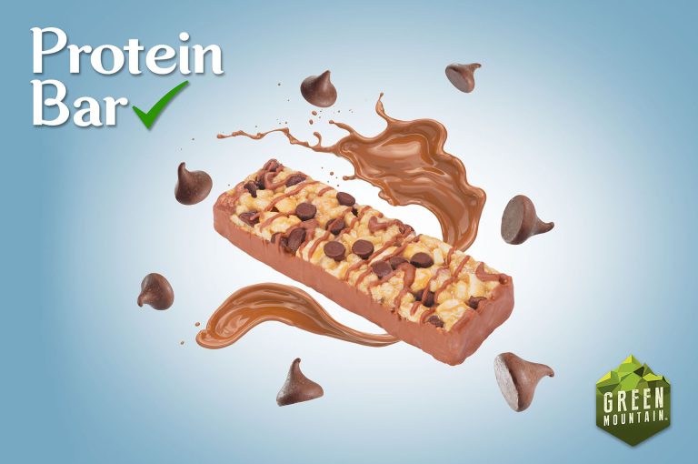 Arte publicitario de barra de proteínas creado con fotografías.